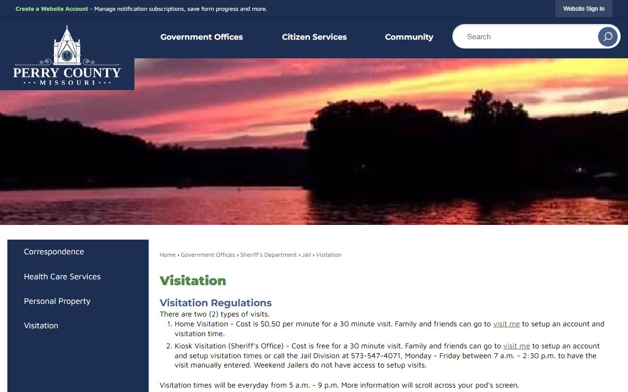 Perry County jail visitation page describing commissary deposits and special visits