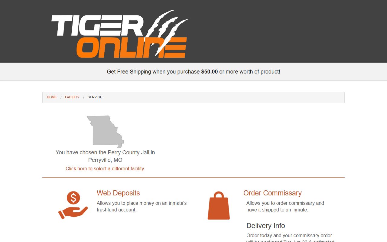 Tiger Commissary page for Perry County Jail web deposits and commissary orders